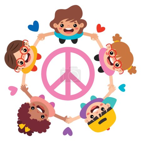 Téléchargez les illustrations : Dessin animé enfants posant avec signe de paix - en licence libre de droit