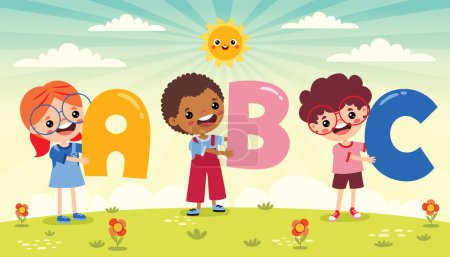 Téléchargez les illustrations : Cartoon enfants posant avec lettre alphabet - en licence libre de droit