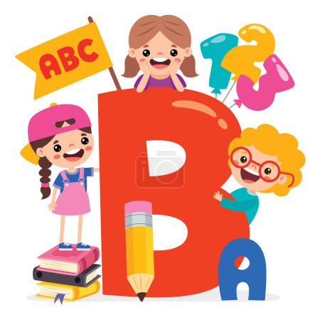 Cartoon-Kinder posieren mit Alphabet-Buchstaben