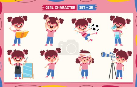 Ilustración de Chica de dibujos animados haciendo varias actividades - Imagen libre de derechos