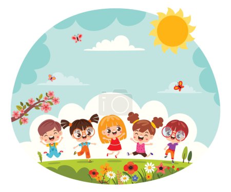 Ilustración de Niños de dibujos animados jugando en la naturaleza - Imagen libre de derechos