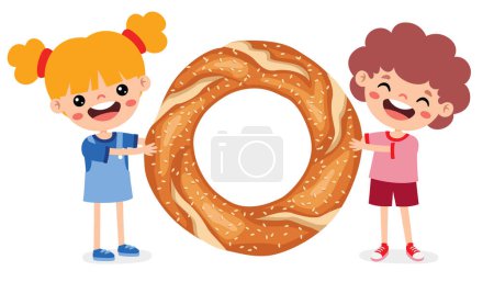 Photo for Cartoon Kids With Turkish Bagel - Royalty Free Image