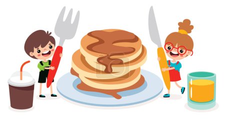 Photo for Cartoon Kids Eating A Pancake - Royalty Free Image