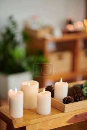Photo for Burning candles and pine cones on wooden tray in spa salon - Royalty Free Image