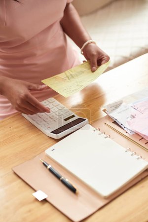 Téléchargez les photos : Woman calculating expences and checking savings, personal finances concept - en image libre de droit