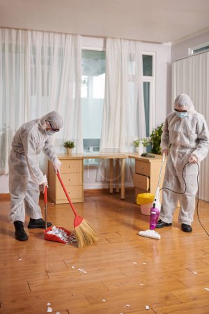 Téléchargez les photos : Nettoyage des sols et désinfection des surfaces dans l'appartement - en image libre de droit