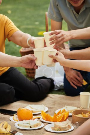 Foto de Imagen de primer plano del brindis familiar con tazas desechables en el picnic familiar - Imagen libre de derechos