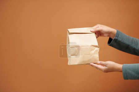 Photo for Hands of woman holding paper package with groceries - Royalty Free Image