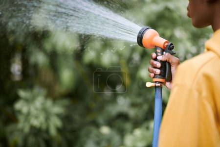 Téléchargez les photos : Woman watering flowers and trees in backyard with hose - en image libre de droit