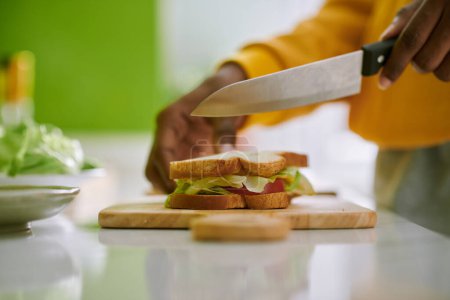 Foto de Manos de persona cortando sándwich vegetariano en dos - Imagen libre de derechos