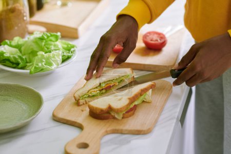 Foto de Woman cutting cheese and veggies sandwich in two triangles - Imagen libre de derechos