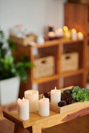 Photo for Burning candles, pine cones and flower on wooden tray in spa salon - Royalty Free Image