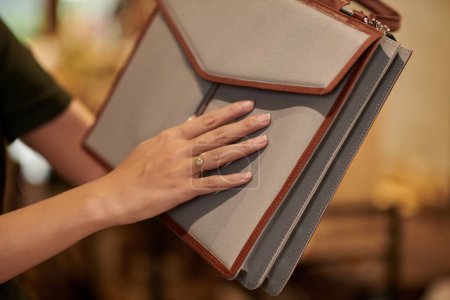Téléchargez les photos : Closeup image of woman touching high quality bag when shopping in fashion boutique - en image libre de droit