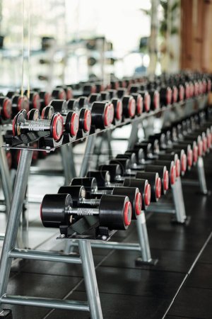 Téléchargez les photos : Stand avec haltères de divers poids dans la salle de gym - en image libre de droit