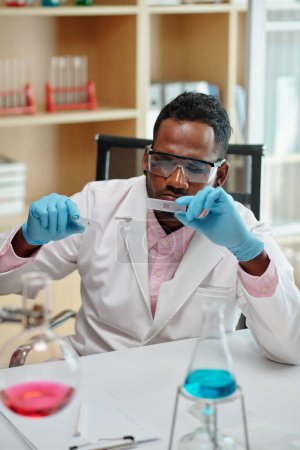 Foto de Químico joven mirando diapositivas con muestras de sustancias químicas mientras está sentado junto a su lugar de trabajo en el laboratorio durante el experimento científico - Imagen libre de derechos
