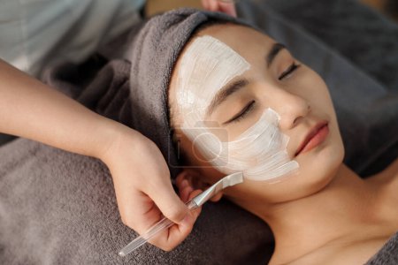 Téléchargez les photos : Esthéticienne appliquant un masque d'argile blanche sur le visage de la jeune femme - en image libre de droit