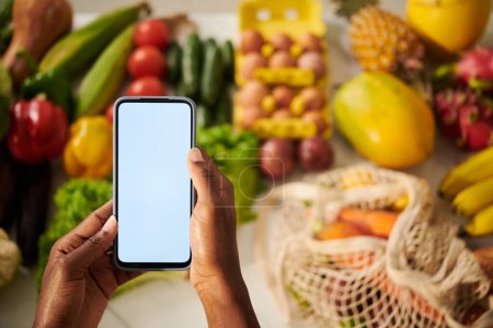 Foto de Manos sosteniendo smartpone con pantalla vacía sobre el mostrador con frutas y verduras frescas - Imagen libre de derechos