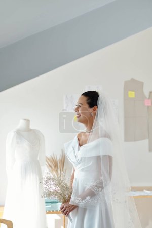 Foto de Novia sonriente probándose vestidos de novia y velos en el taller de costura - Imagen libre de derechos