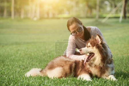 Foto de Mujer feliz jugando con el perro en el soleado parque de verano - Imagen libre de derechos