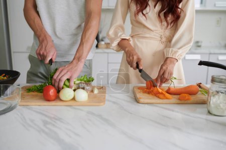 Photo for Cropped shot of young heterosexual couple cutting fresh vegetables with knives on chopping boards while preparing vegetarian salad - Royalty Free Image