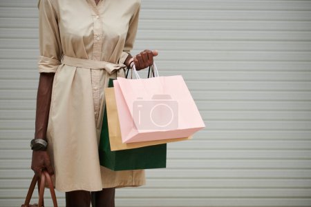 Téléchargez les photos : Image recadrée d'une jeune femme noire tenant des sacs à provisions - en image libre de droit
