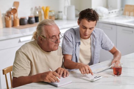 Téléchargez les photos : Petit-fils aidant grand-père à calculer les dépenses - en image libre de droit