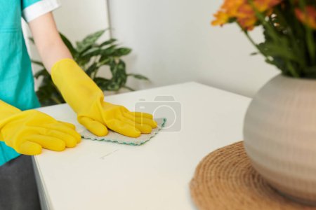 Photo for House cleaner wearing silicone gloves when disinfecting high-touch areas in house - Royalty Free Image
