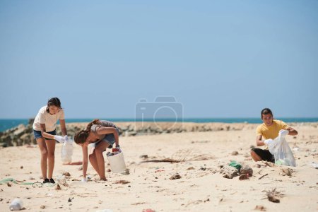 Téléchargez les photos : Groupe de bénévoles peignant le littoral pour nettoyer les débris marins - en image libre de droit