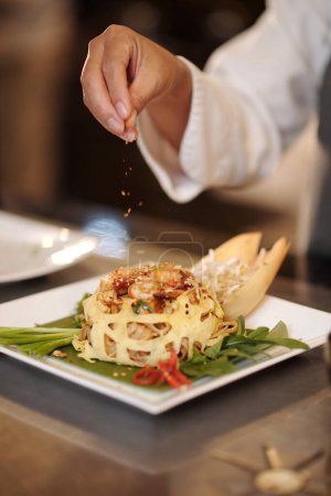 Téléchargez les photos : Image rapprochée de cuisinier décorant plat garni avec pincée de paprika fumé - en image libre de droit