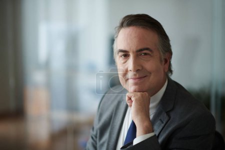 Téléchargez les photos : Portrait d'un homme d'affaires mature positif en costume gris travaillant au bureau - en image libre de droit