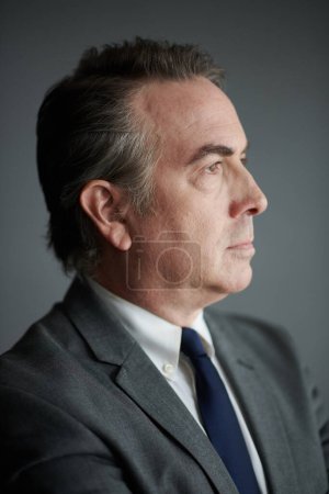 Téléchargez les photos : Portrait de profil d'un homme d'affaires mature sérieux en costume gris - en image libre de droit