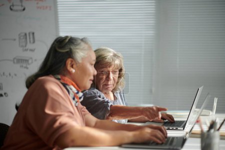 Téléchargez les photos : Femme âgée aidant ami avec tâche dans la classe d'ordinateur - en image libre de droit