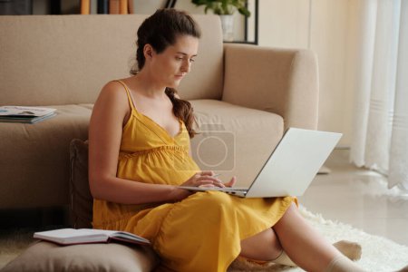 Téléchargez les photos : Jeune femme sérieuse étudiant à la maison en raison de la grossesse - en image libre de droit