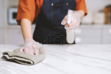 Téléchargez les photos : Comptoir de cuisine de nettoyage de personne avec pulvérisation désinfectante - en image libre de droit