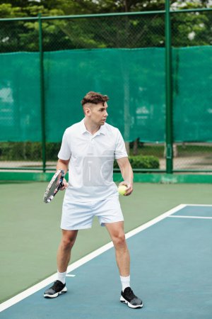 Foto de Jugador de tenis serio sirviendo pelota en la cancha al aire libre - Imagen libre de derechos
