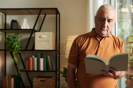 Photo for Serious senior man standing at big window in living room and reading captivating book - Royalty Free Image