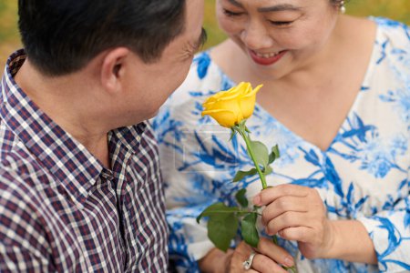 Téléchargez les photos : Couple asiatique âgé ayant rendez-vous romantique dans le parc local - en image libre de droit