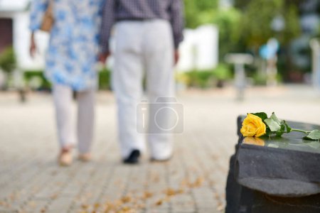 Téléchargez les photos : Rose jaune gauche sur le banc du parc après la date romantique du couple aîné - en image libre de droit