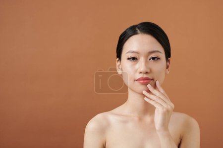 Téléchargez les photos : Jeune femme asiatique touchant la peau tendre de son visage et regardant la caméra - en image libre de droit