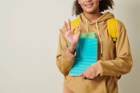 Photo for Cropped image of college student holding books and showing ok sign - Royalty Free Image