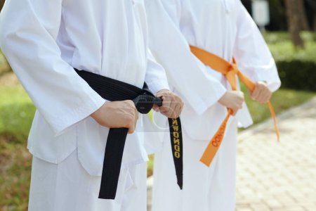 Téléchargez les photos : Image recadrée d'athlètes de taekwondo portant un dobok et des ceintures noires et orange - en image libre de droit