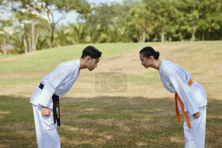 Photo for Taekwondo athletes bowing each other before start fighting - Royalty Free Image