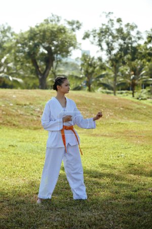 Photo for Concentrated determined taekwondo sportswoman practicing trance outdoors - Royalty Free Image