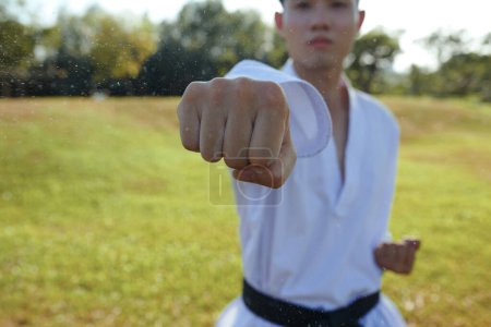 Photo for Sportswoman wearing dobok practicing taekwondo jab punch - Royalty Free Image
