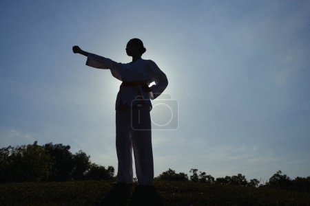 Téléchargez les photos : Silhouette de sportive étirant le bras lors de la pratique de la position de taekwondo - en image libre de droit