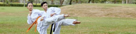 Téléchargez les photos : En tête avec des athlètes de taekwondo faisant coup de pied latéral - en image libre de droit