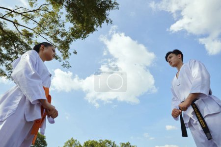 Téléchargez les photos : Sérieux athlètes de taekwondo qui se regardent, vue d'en bas - en image libre de droit