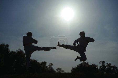 Photo for Taekwondo athlete jumping high and doing side kick - Royalty Free Image