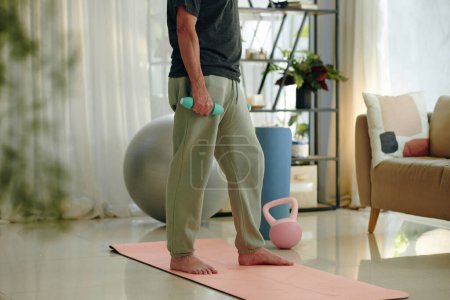 Image recadrée de l'homme mature exercice avec haltères à la maison