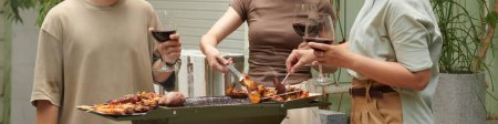 Web banner with friends grilling food in backyard